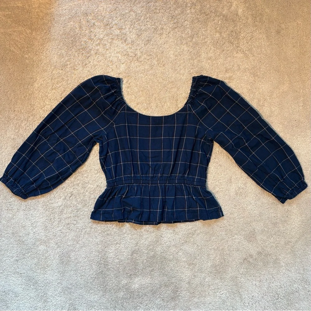 Madewell Navy Plaid Peplum Blouse | Puff Sleeve Square Neck Top | Size Large